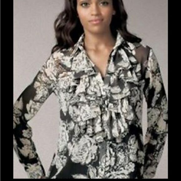 CABI #555 irresistible ruffle floral polyester‎ top blouse S - Picture 10 of 10